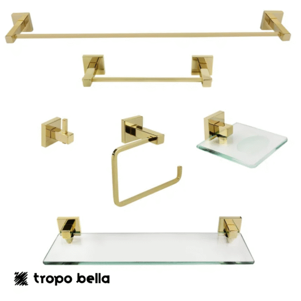 Kit  de acessórios para banheiro 6 peças em aço inox dourado. Linha  Square.
