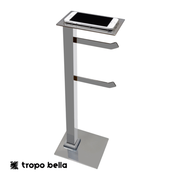 Papeleira de chão com 2 hastes em aço inox polido com suporte para celular  Linha Premium
