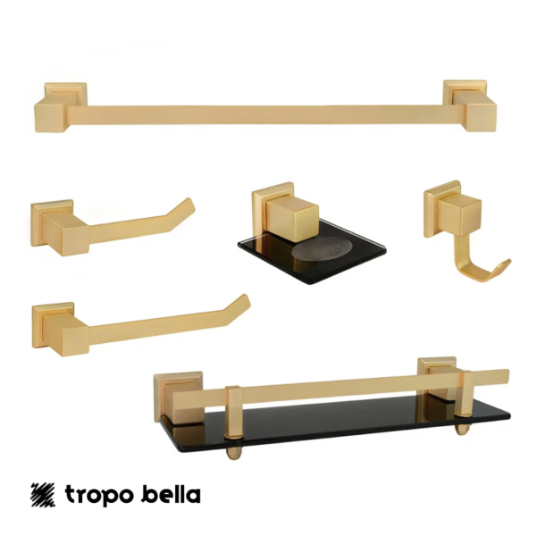 Kit  de acessórios para banheiro 6 peças em aço inox ouro fosco com vidro preto. Linha Ouro Fosco
