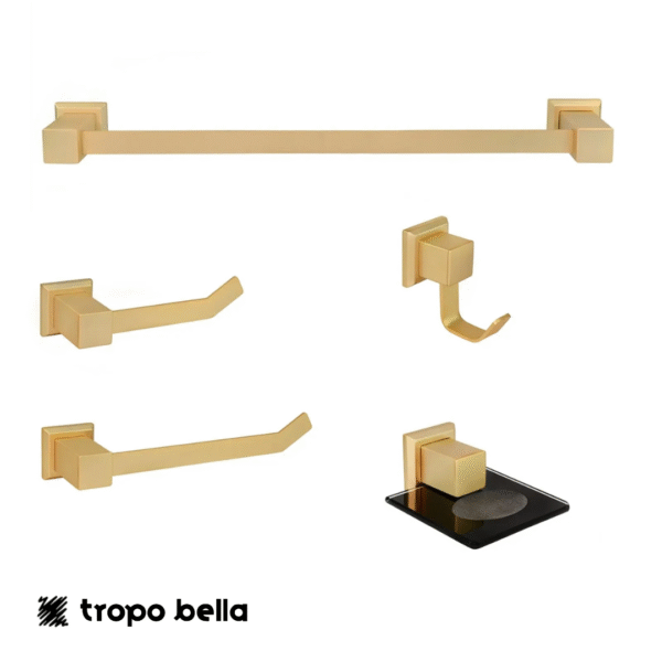 Kit  de acessórios para banheiro 5 peças em aço inox ouro fosco com vidro preto. Linha Ouro Fosco