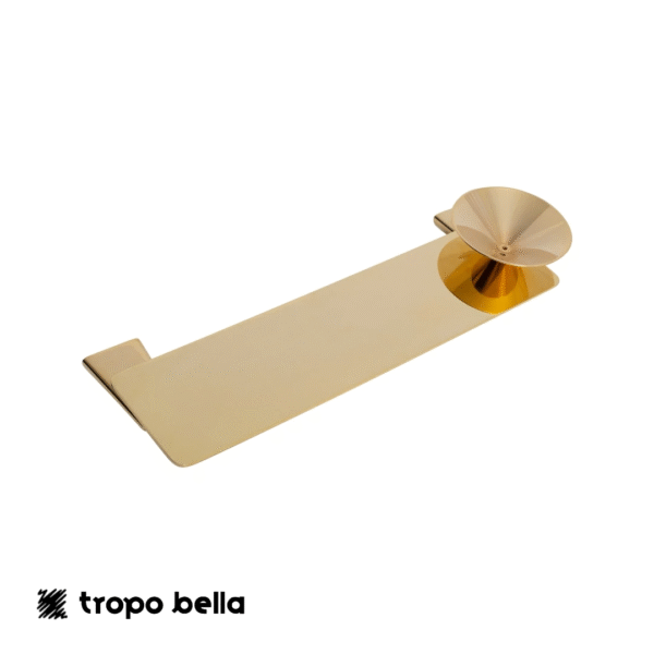 Porta shampoo 40 cm em aço inox ouro com saboneteira em zamac ouro. Linha Cone ouro.
