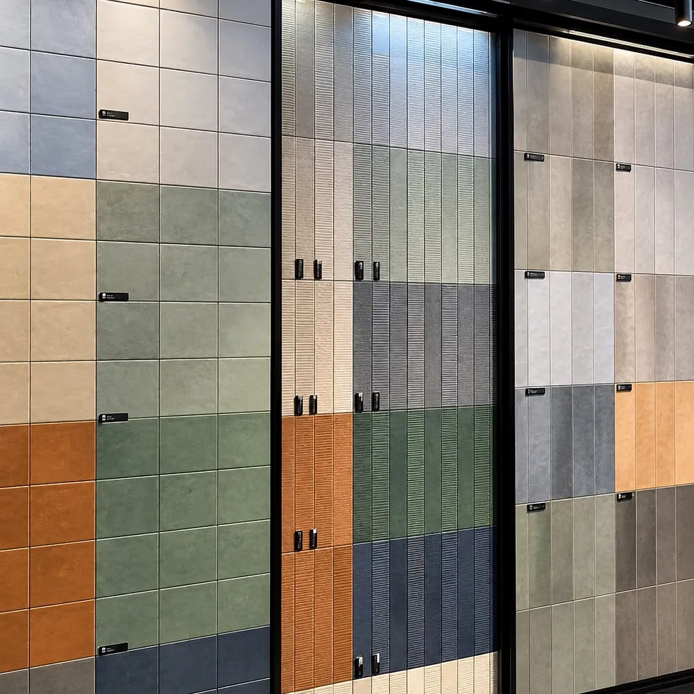 Showroom da Tropobella com expositores de revestimentos Decortiles e Eliane